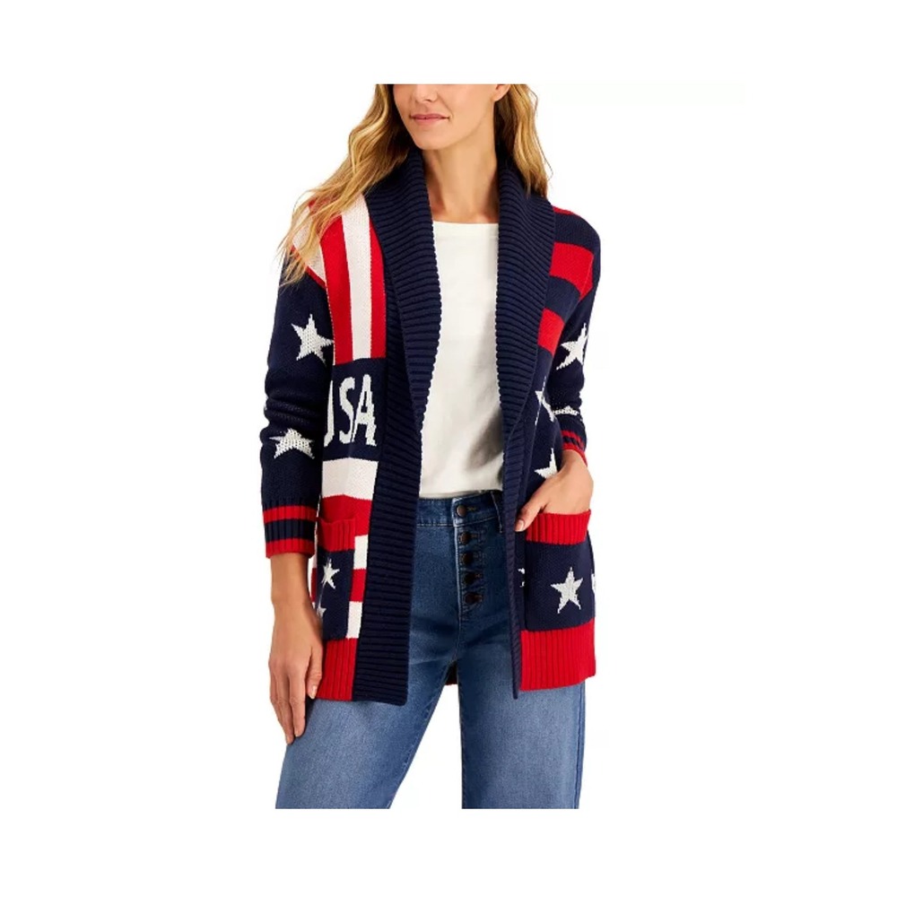 Charter Club Red White Blue USA Flag/Star Knit Cardigan